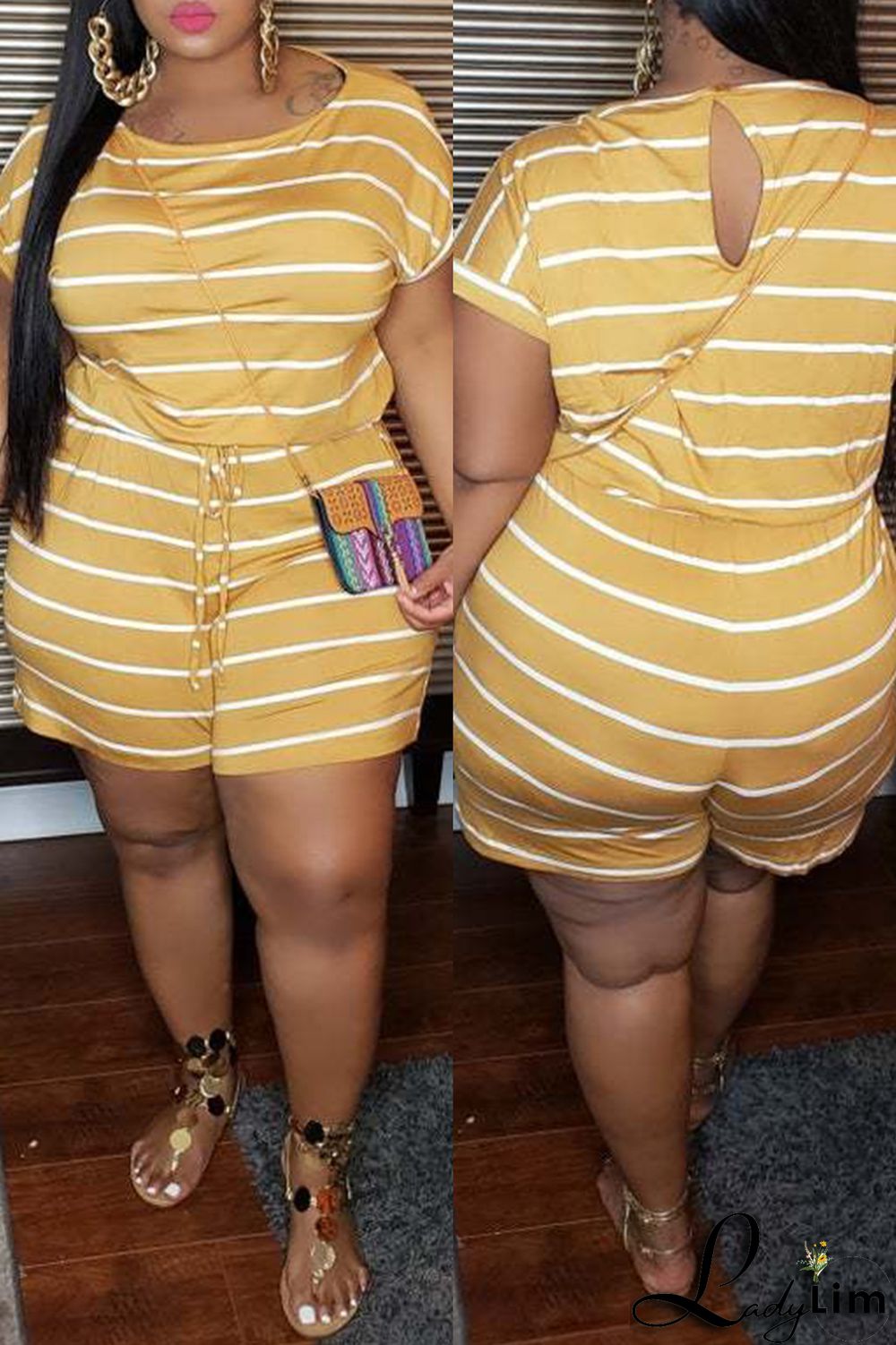 Blue Fashion Casual Striped Print Basic O Neck Plus Size Jumpsuits