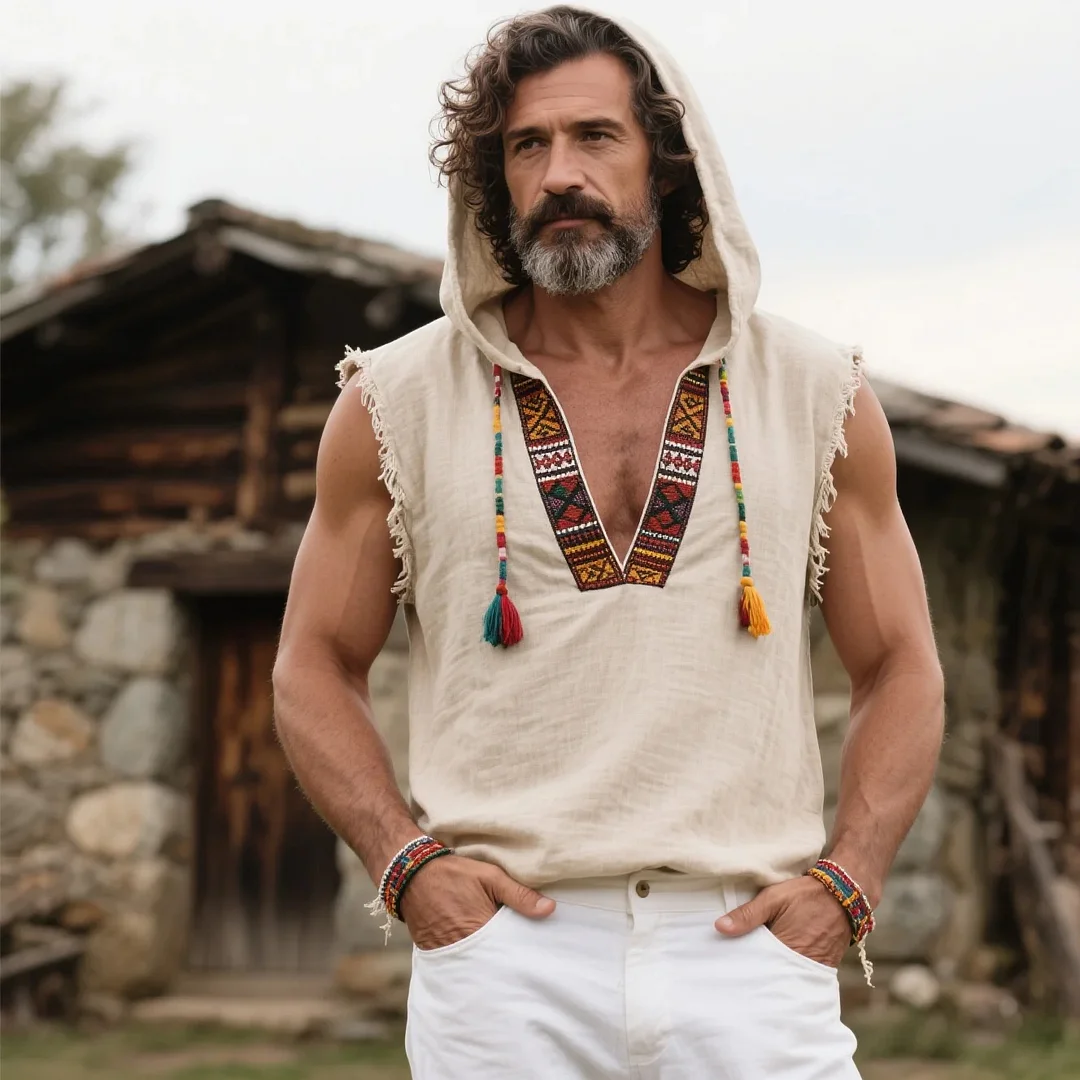  Bohemian Sleeveless Hoodie with Embroidered Details for Men-inspireuse