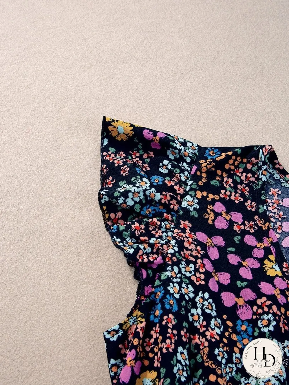 Elegant Black Floral V-Neck Midi Dress with Ruffle Sleeves