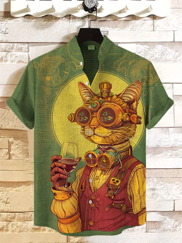Men's Retro Scientist Cat Drinking Red Wine Art Print Casual Shirt
