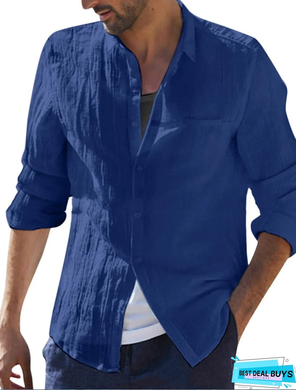 Men's Shirt Solid Color Button-Down Long Sleeve Casual Tops Lightweight Casual Fashion Breathable White Black Blue Linen