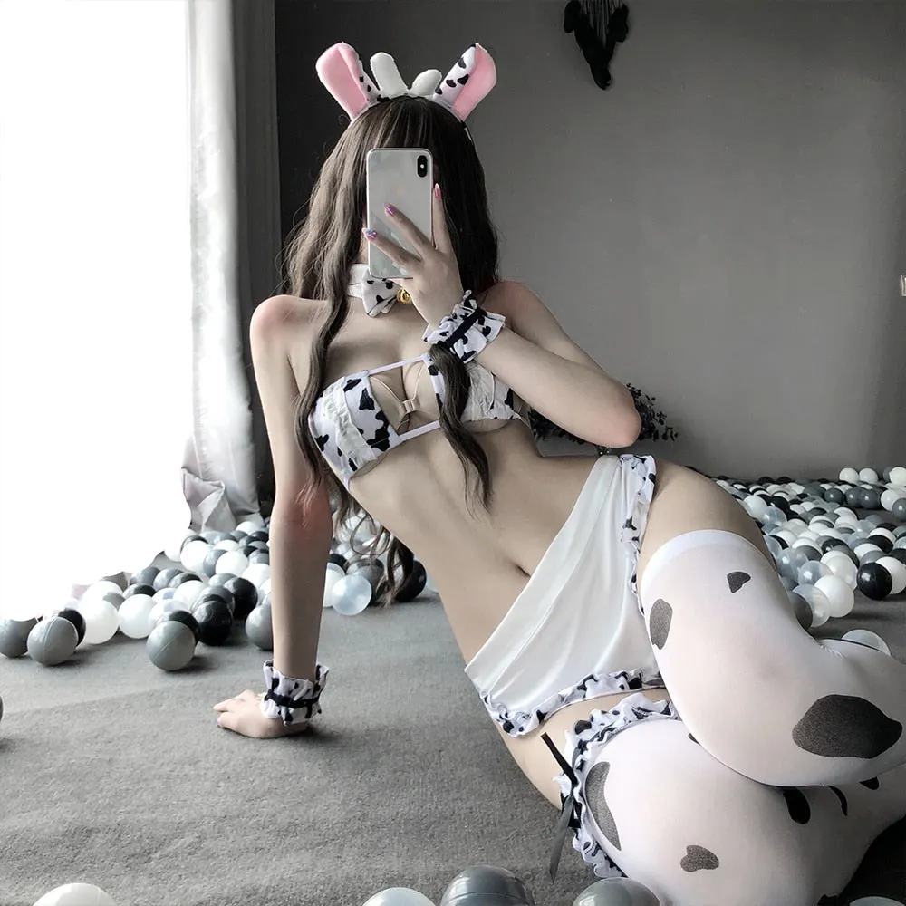New Cos Cow Cosplay Costume Maid Tankini Bikini Swimsuit Anime Girls Swimwear Clothing Lolita Bra and Panty Set Stockings