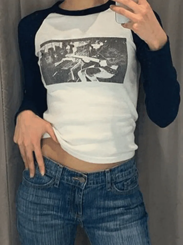 Brownm Figure Graphic Raglan Long Sleeve Crop Top