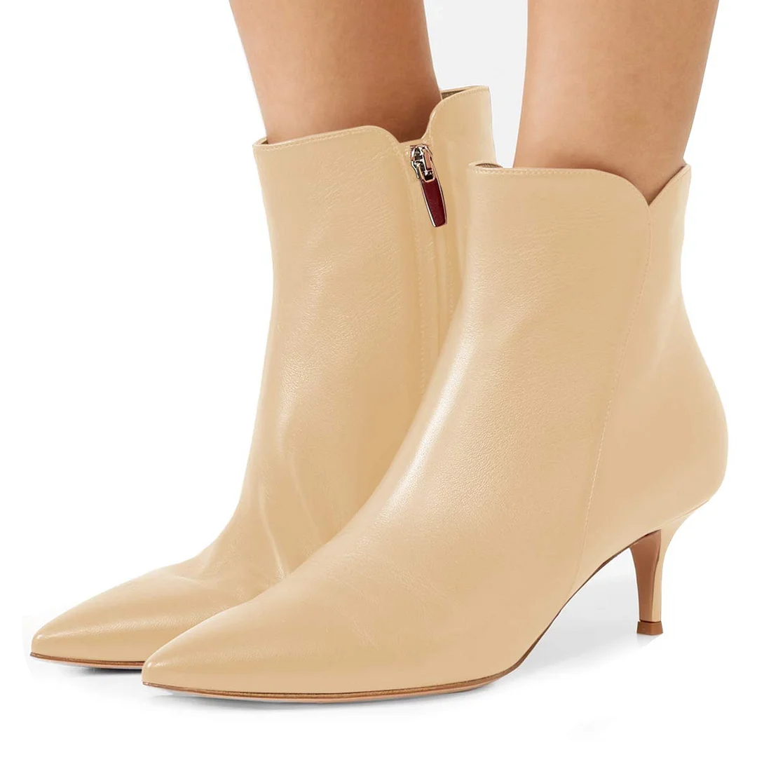 Simple Nude Side Zipper Kitten Heel Pointed Toe Booties for Women