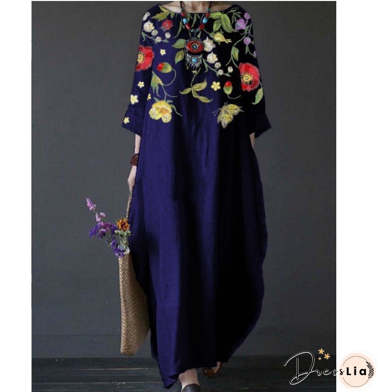 Summer Feminine Style Long Dress Round Neck Vintage Sweet Print Art Dress 3/4 Sleeve