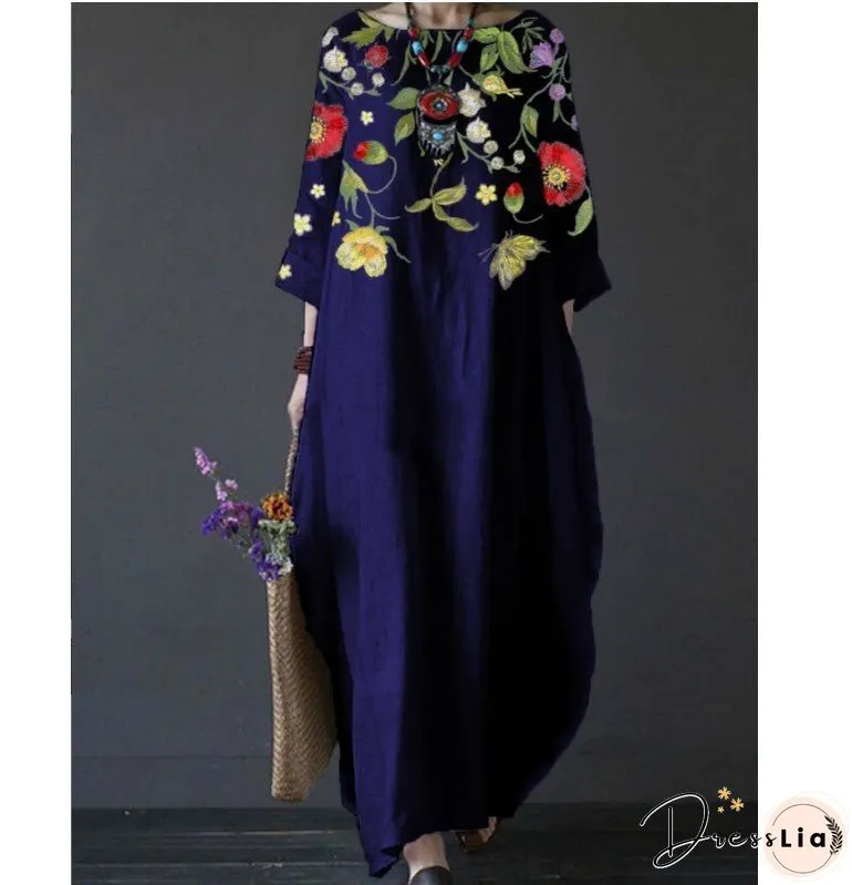 Summer Feminine Style Long Dress Round Neck Vintage Sweet Print Art Dress 3/4 Sleeve