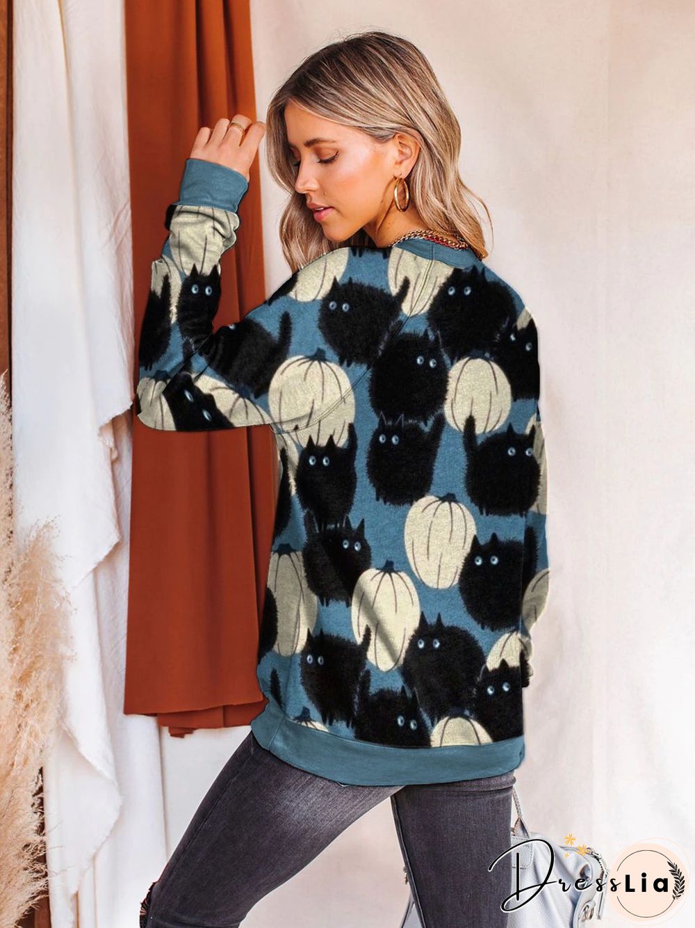 Halloween Cat Pumpkin Print Crew Neck Sweatshirt