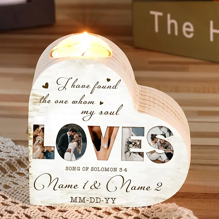 Personalized Love Couple Heart Candle Holder Engrave Photo Wooden Candlesticks Valentines Gift