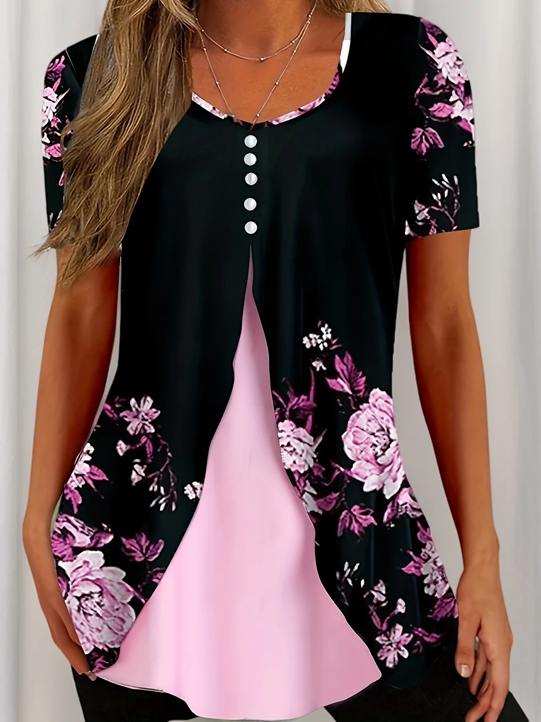 Women's Summer Casual Floral Print Button-Up Shirt - Loose Fit Round Neck Short Sleeve Blouse With Black & Contrast, Machine Washable, Cute Shirts For Summer, Nontransparent Fabric | IFYHOME
