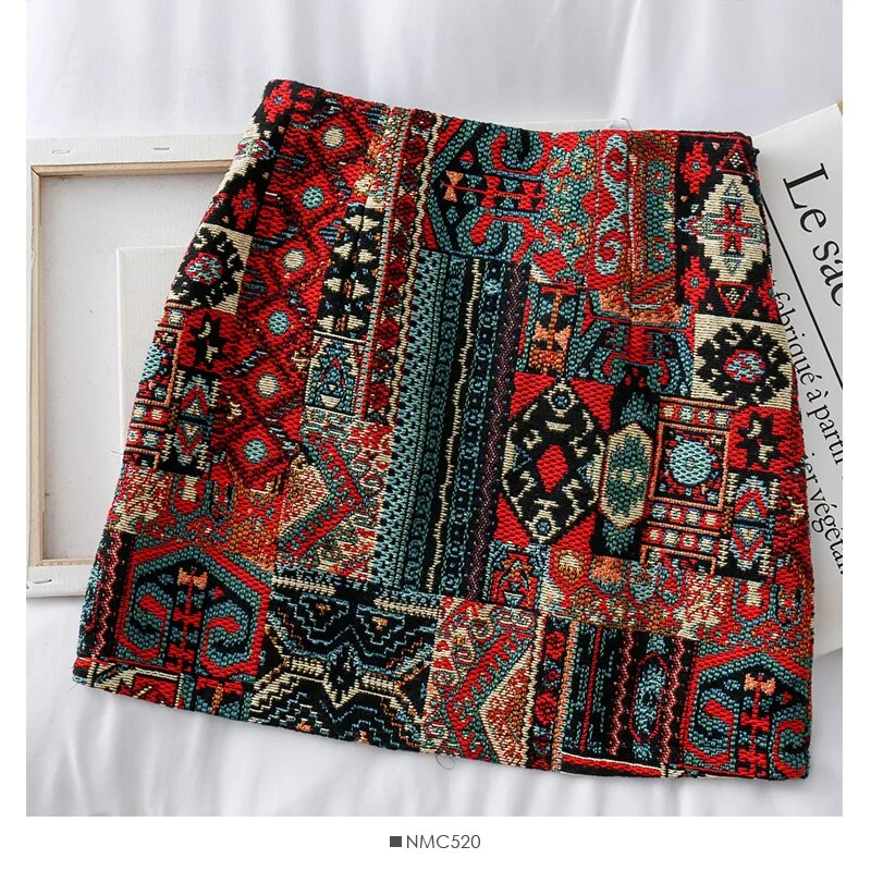 New Fashion Indie Folk Embroidery A-Line Mini Skirts Chic Geometric Parttern Tweed Vintage Skirt Female