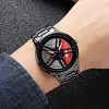 New Car Wheel Rim Watch With Scroll Creative Fashion Analog Watch, Black Dial Zinc Alloy Case Men's Watch, Stainless Steel Black Strap, Quartz Movement, Waterproof And Scratch-Resistant