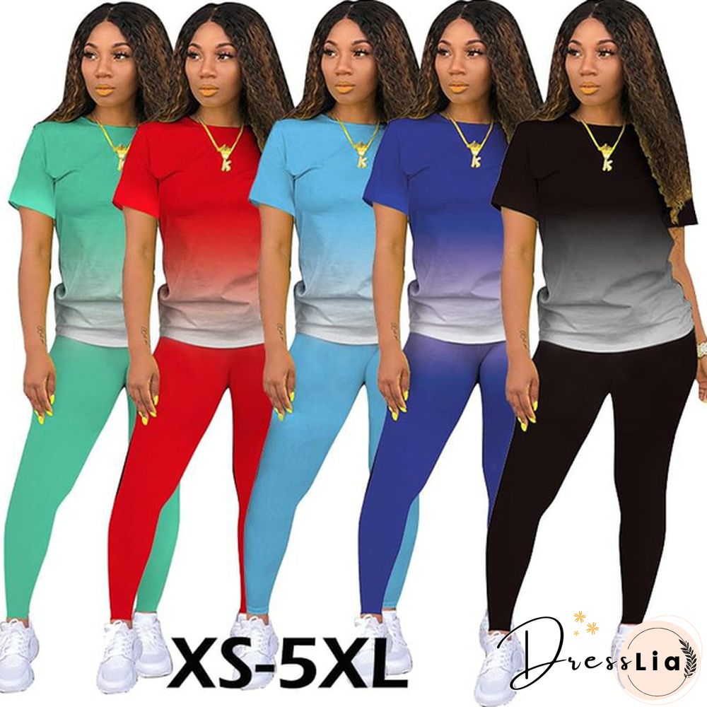 New Women's Fashion Gradient Short Sleeve Top and Pants Casual Sportswear Suit Two-piece Suit Plus Size