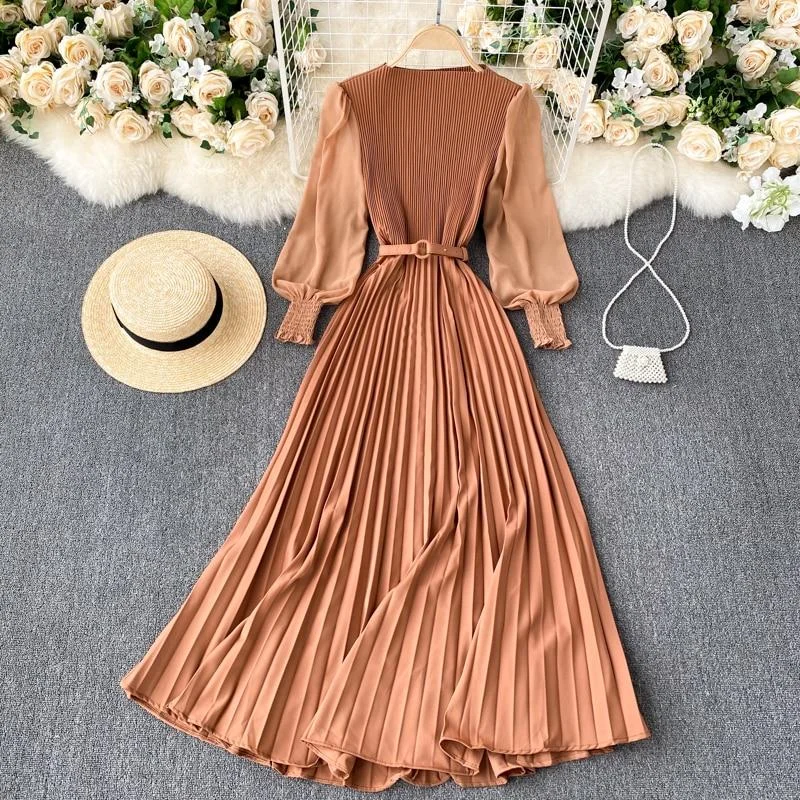 Woman Dress Elegant Office Lady Pleated Dress With Belt Round Neck Long Sleeve Long Dresses For Women Spring Autumn Clothing 1022