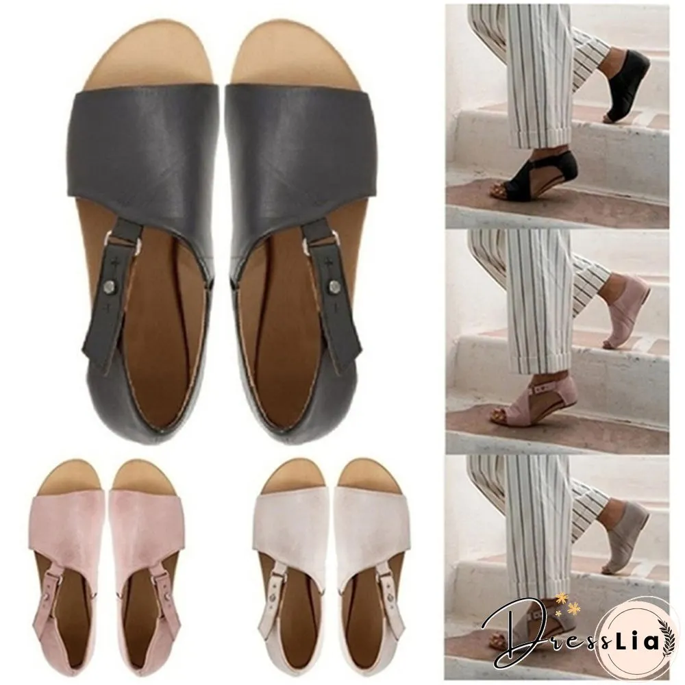 Plus Size Fashion Women's Leather Flat Sandals Buckle Strap Slippers Fish Mouth Shoes