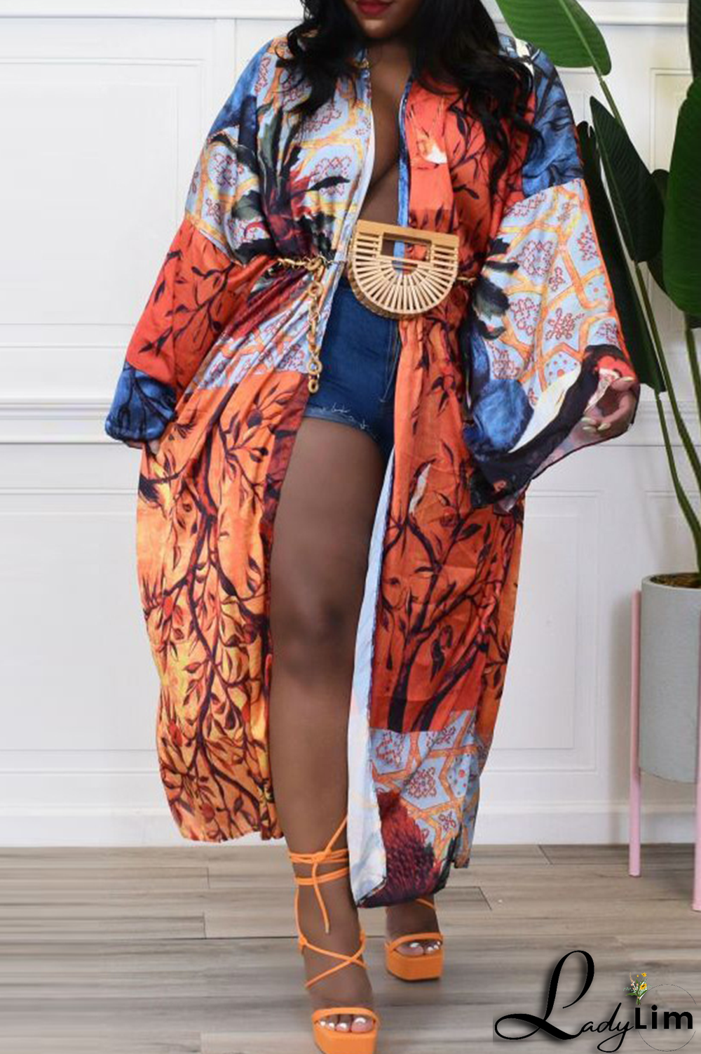 Black Fashion Print Patchwork Cardigan Collar Outerwear(Without belt)