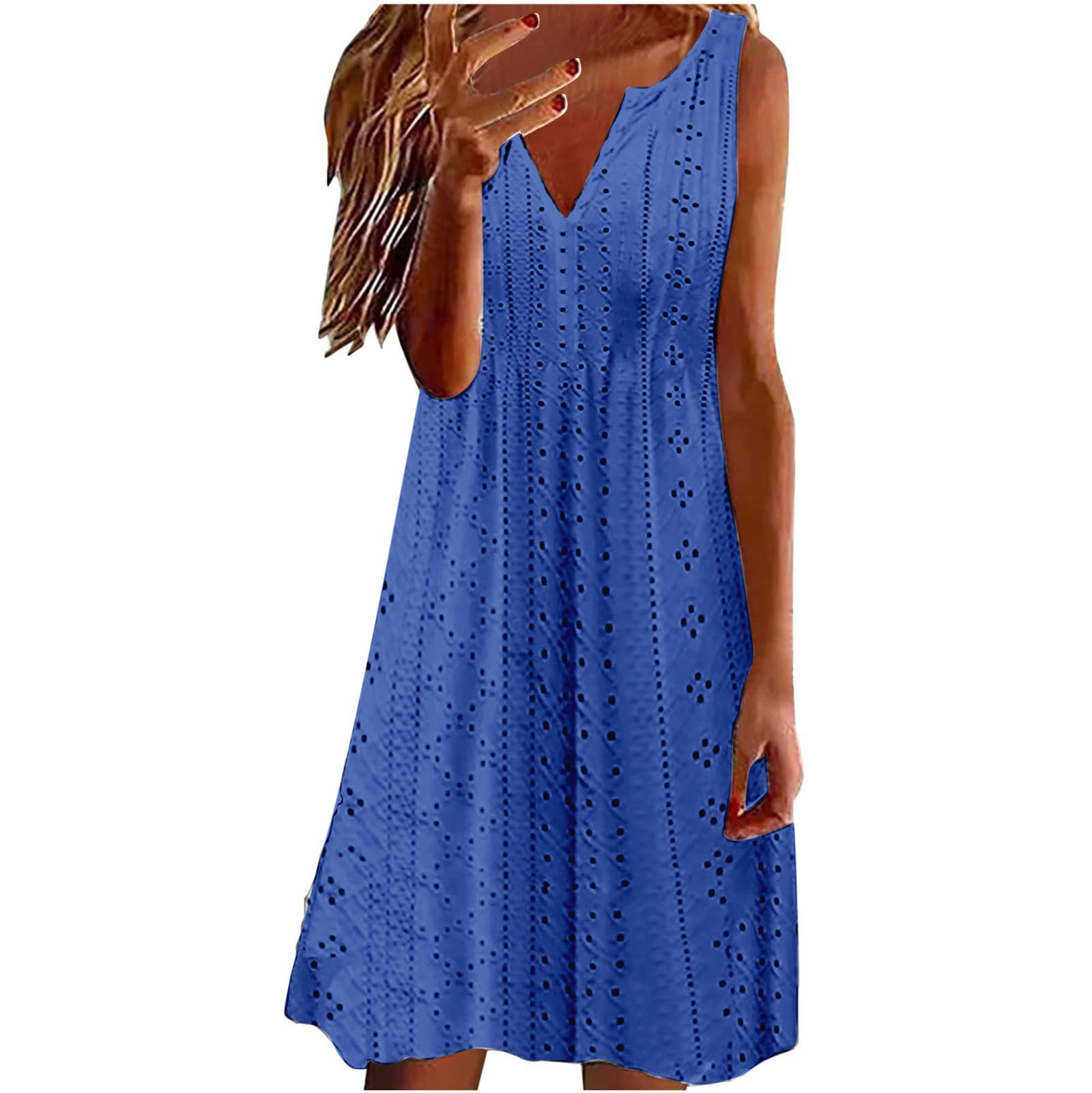 Mature Women Summer V-neck Sleeveless Loose Solid Color Dress