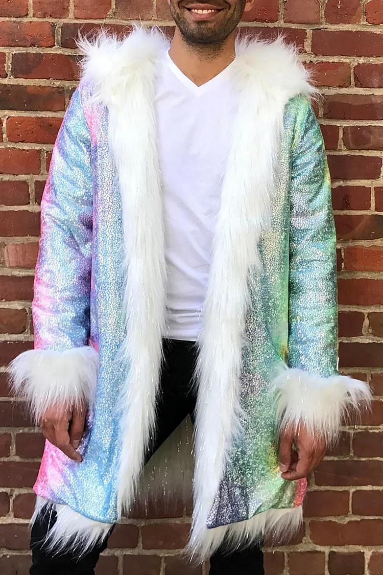 Unisex Rainbow Gradient Metallic Coated Faux Fur Patchwork Hooded Coat [Pre-Order]
