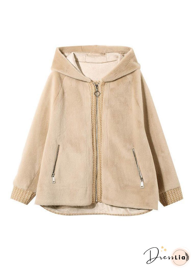 Women Apricot Hooded Patchwork Faux Fur Coats Winter