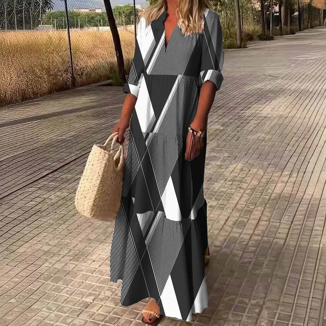 Women Geometric, Black, White DZDN0651 SPU Printed Long Sleeve V-neck Maxi Dress