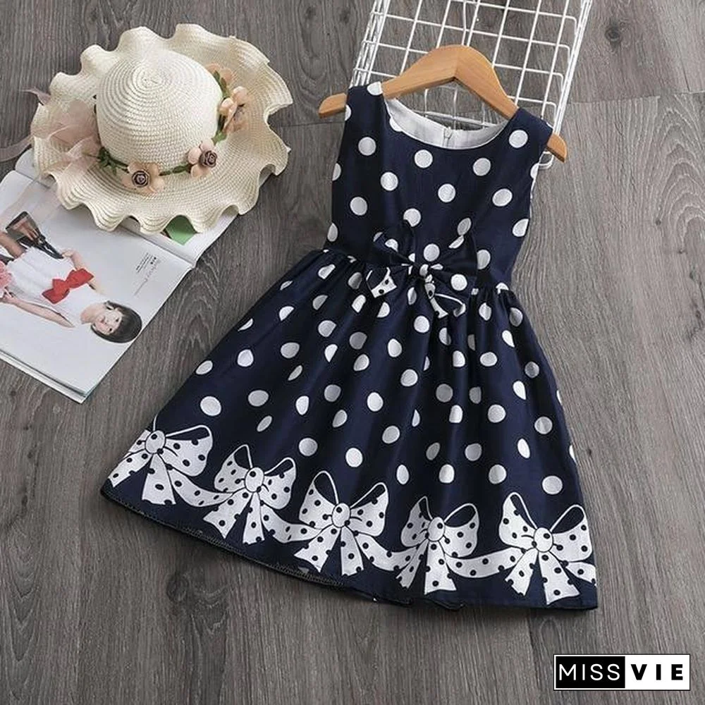 Kids Dresses for Girls 3-8 Years Summer Girl Dress Polka Dots Soft Cotton Children Clothing Bowknot Belt Girl Casual Wear