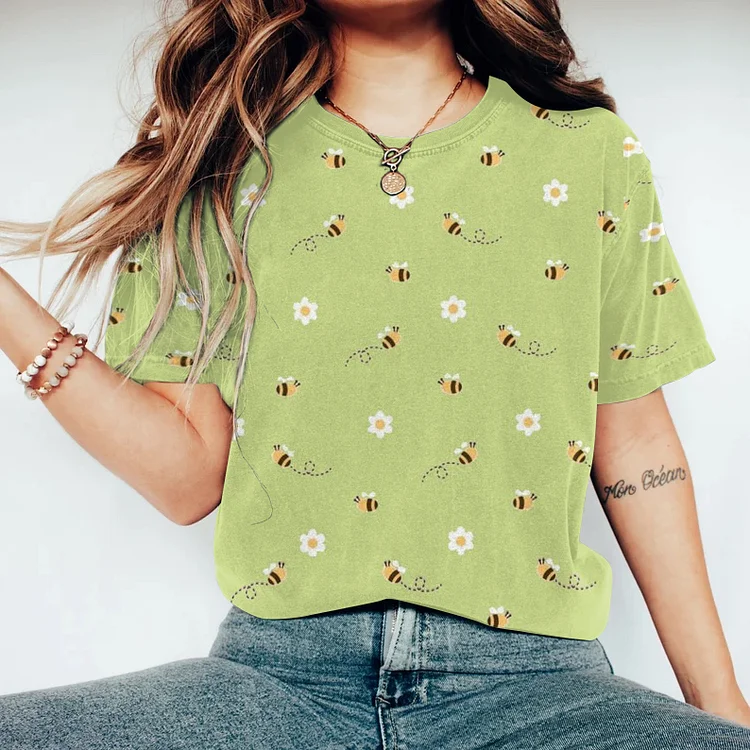 Bee Print Round Neck Short Sleeve T-Shirt