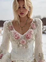 Bohemian Style Winter Rose Women's V-neck Knitted Sweater