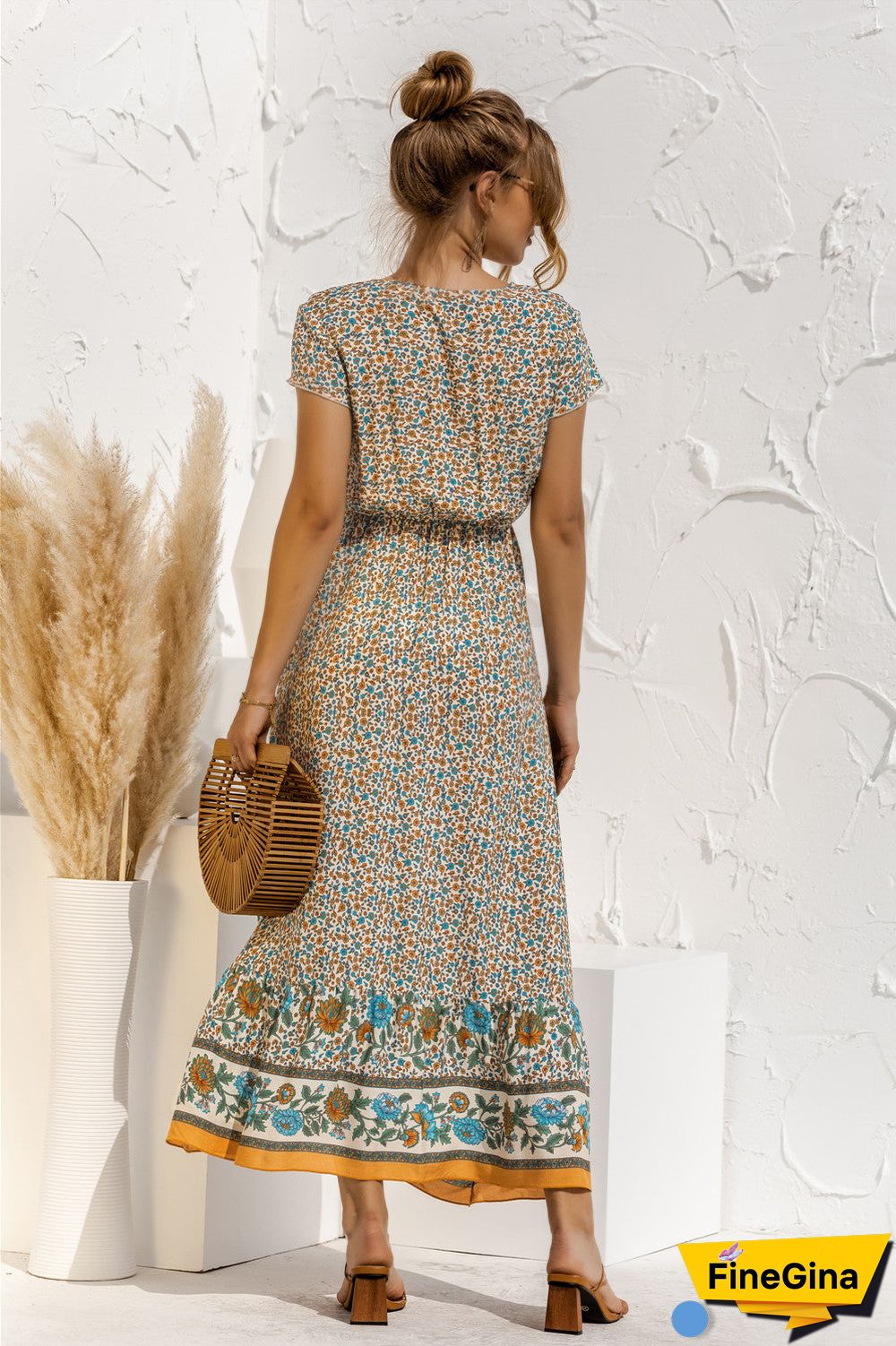 Short Sleeve V Neck Floral Maxi Dress