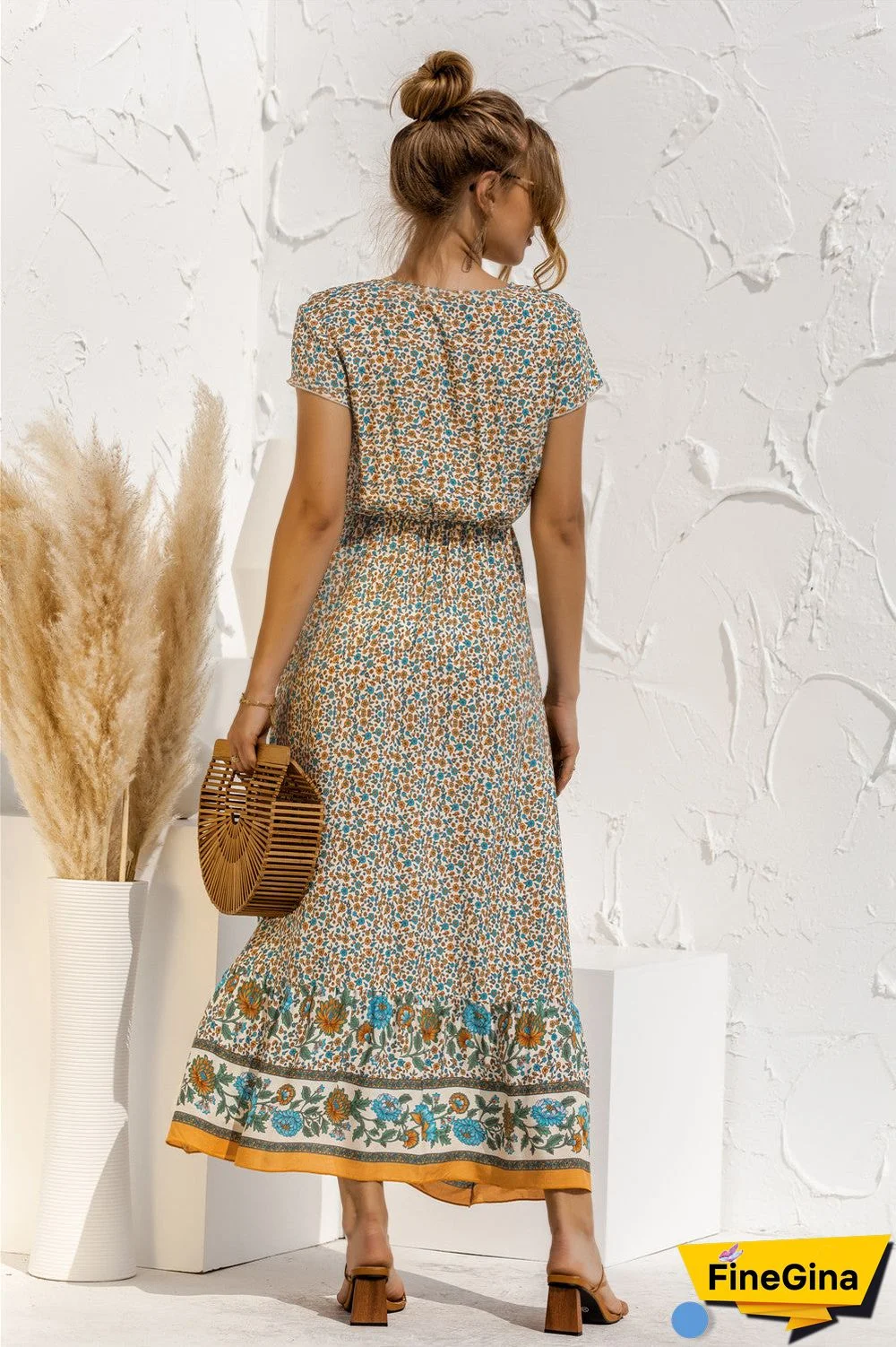 Short Sleeve V Neck Floral Maxi Dress