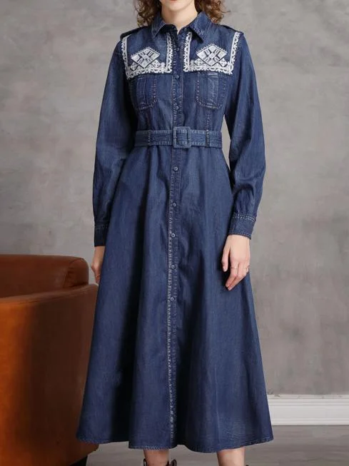 Women's Denim Embroidered Long Sleeve Shirt Collar Maxi Dress