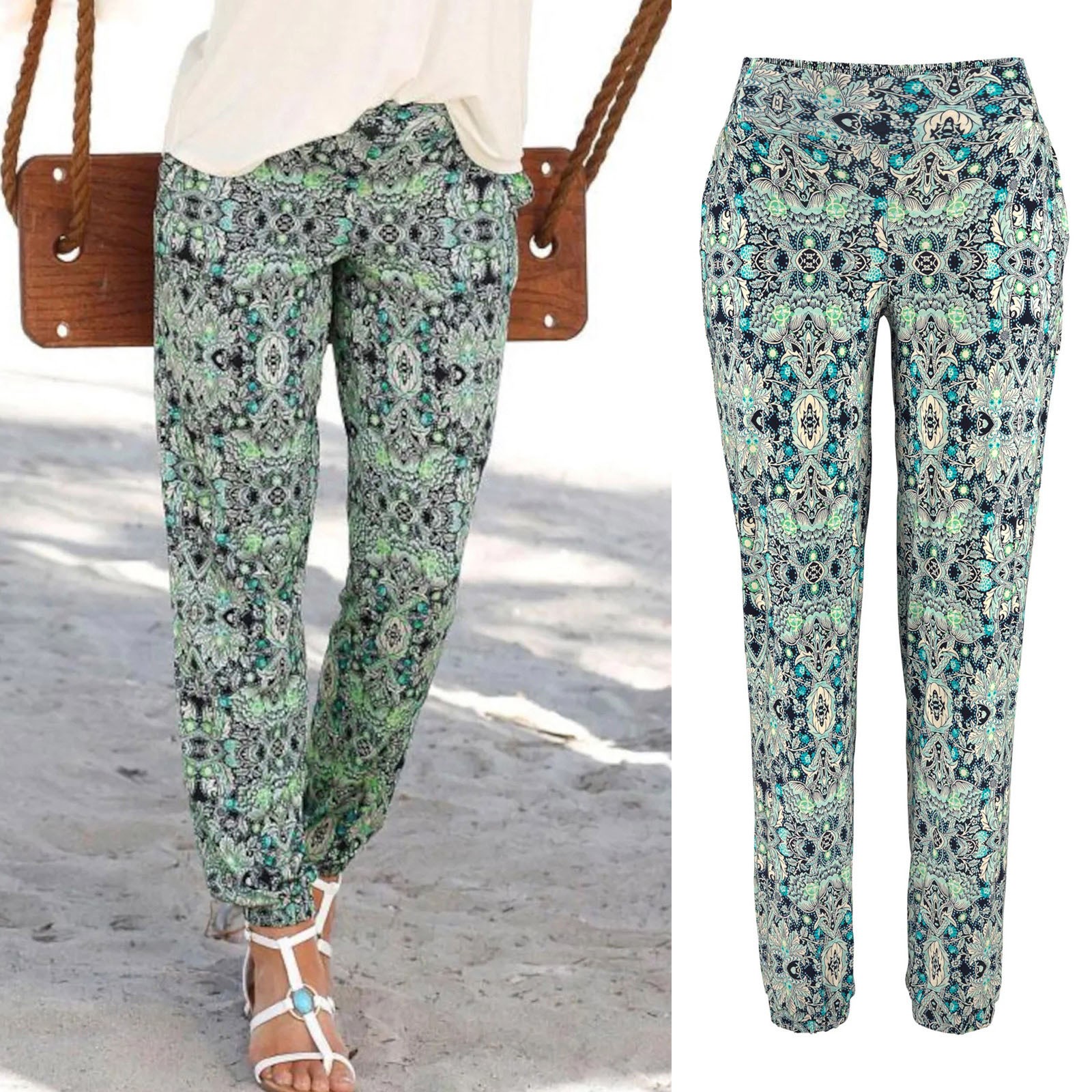 Bonusbuk Summer Bohemian Casual Pants Women Floral Print Slim Joggers Tech Pants Female Linen Harem Pants Vintage Leggings Tights Pants