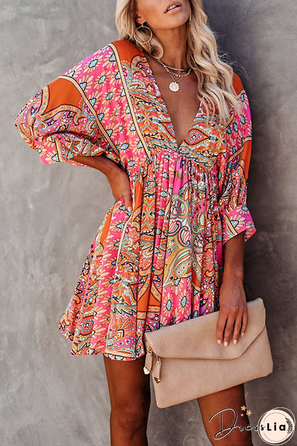 Casual Print Backless V Neck Cake Skirt Dresses