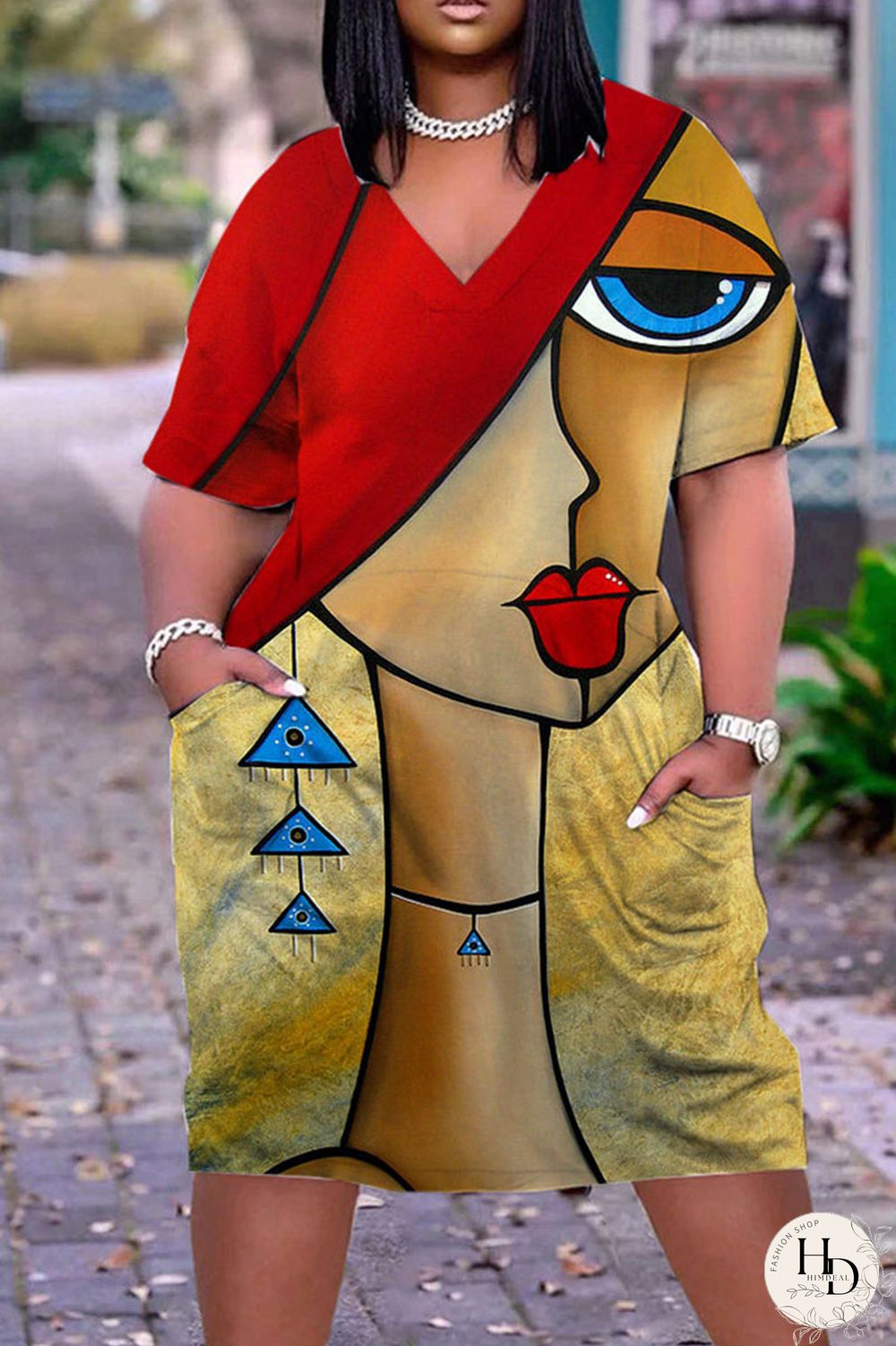 Multicolor Casual Street Print Patchwork V Neck Straight Dresses