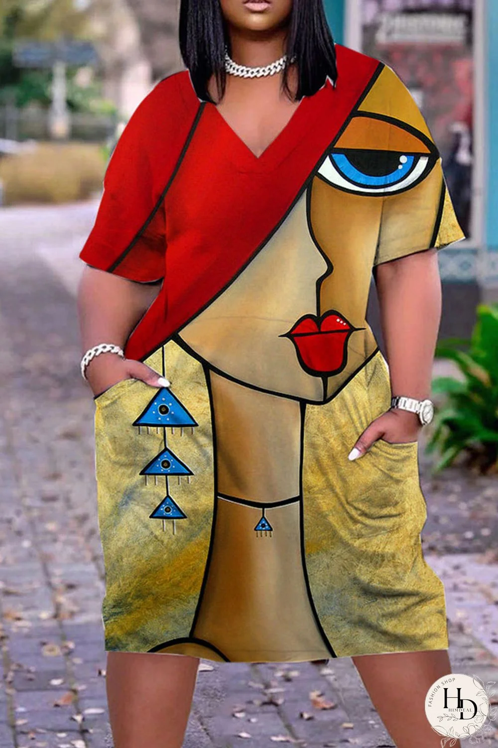 Multicolor Casual Street Print Patchwork V Neck Straight Dresses