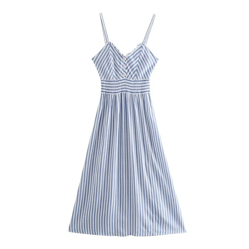 Tangada 2021 Fashion Women Blue Striped Print Strap Long Dress Sleeveless BacklessFemale Sundress 3H404