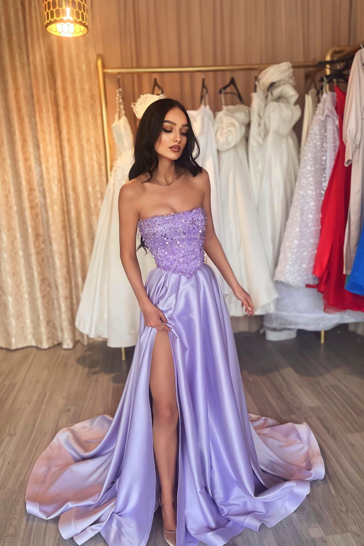 Bellasprom Lilac Strapless A-line Prom Dress Sequins With Split Bellasprom