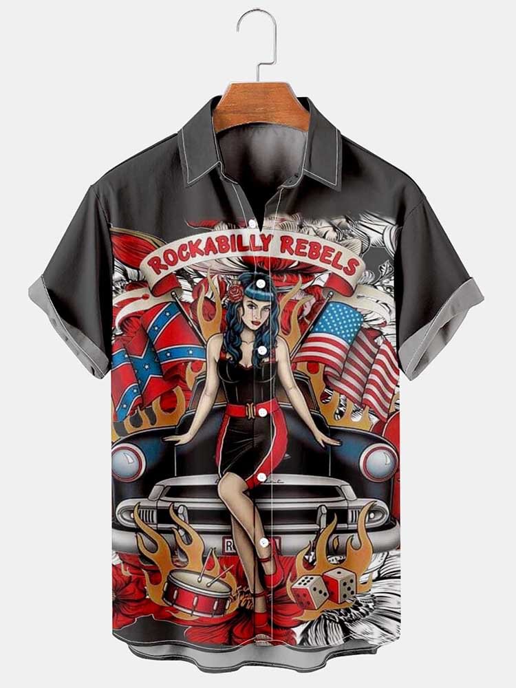 Casual Beauty Car Print Lapel Comfort Shirt
