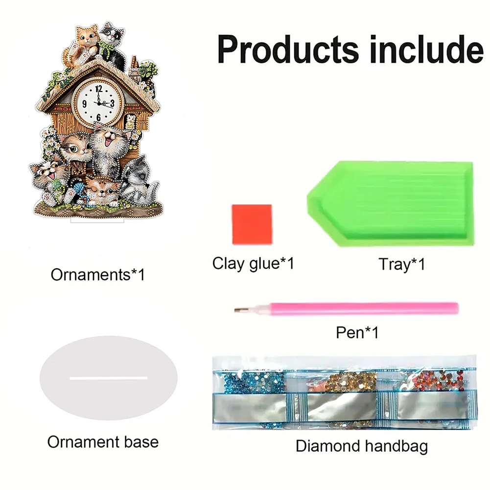 DIY Cat Hut Acrylic Special Shaped 5D Diamond Painting Clock Art Craft