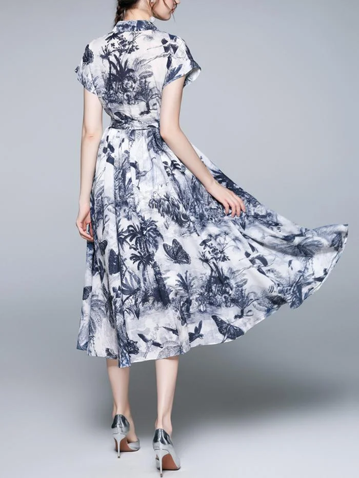 Women's New Ink Printed Mid-length Shirt Collar Short Sleeve Dress