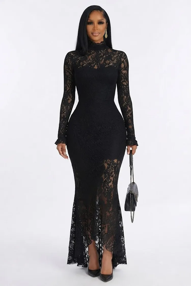 Lace Mock Neck Long Sleeve Slim Fit Mermaid Evening Gowns Maxi Dresses-Black