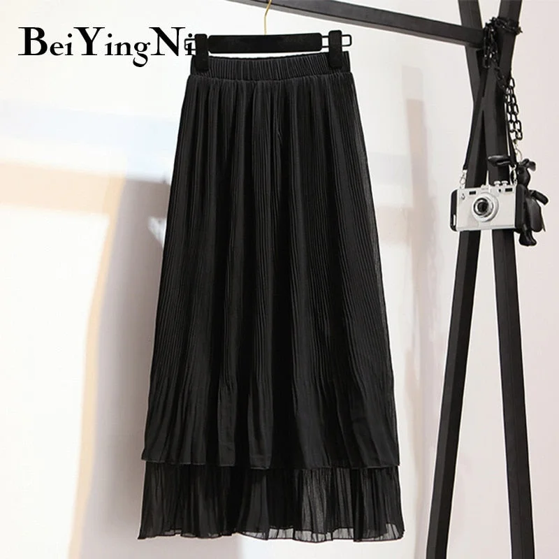 Beiyingni Vintage Pleated Skirt Women Ruffles Lining Chiffon Patchwork Black Casual Midi Skirts Long Korean Saias Mujer Faldas