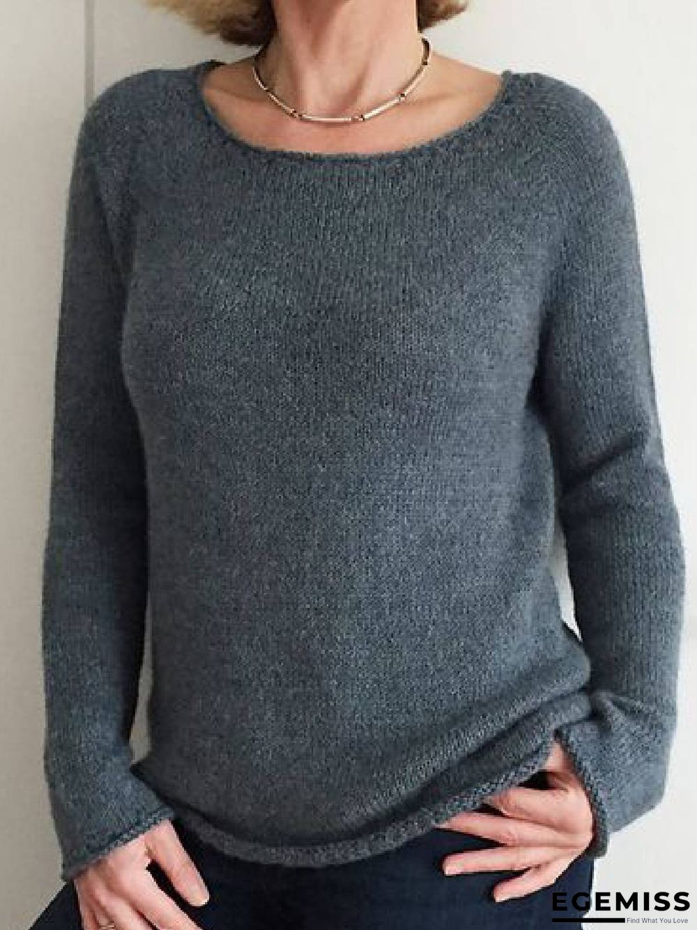 Gray Green Casual Solid Cotton-Blend Round Neck Sweater | EGEMISS