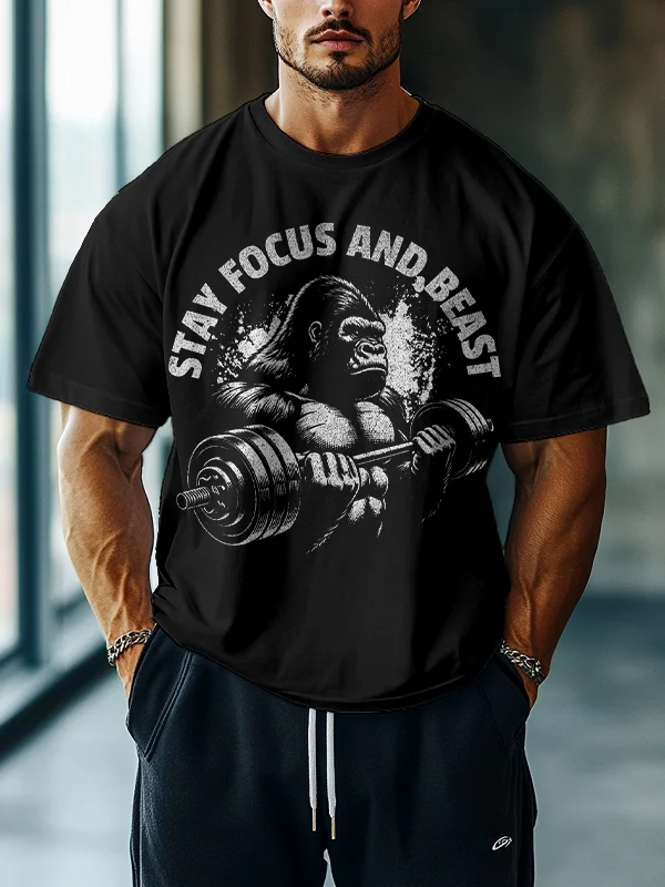 Men's Stay Focus And Beast Gorilla Weightlifting Pattern Print Drop Shoulder Casual T-Shirt