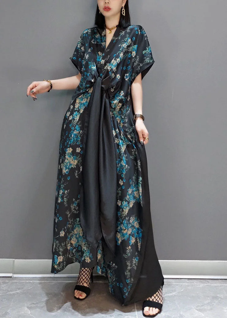 5.5Fashion Blue Patchwork Silk Maxi Dresses Short Sleeve