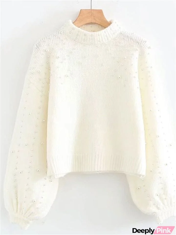 Trendy Round Neck Pearls Decorated Sweater