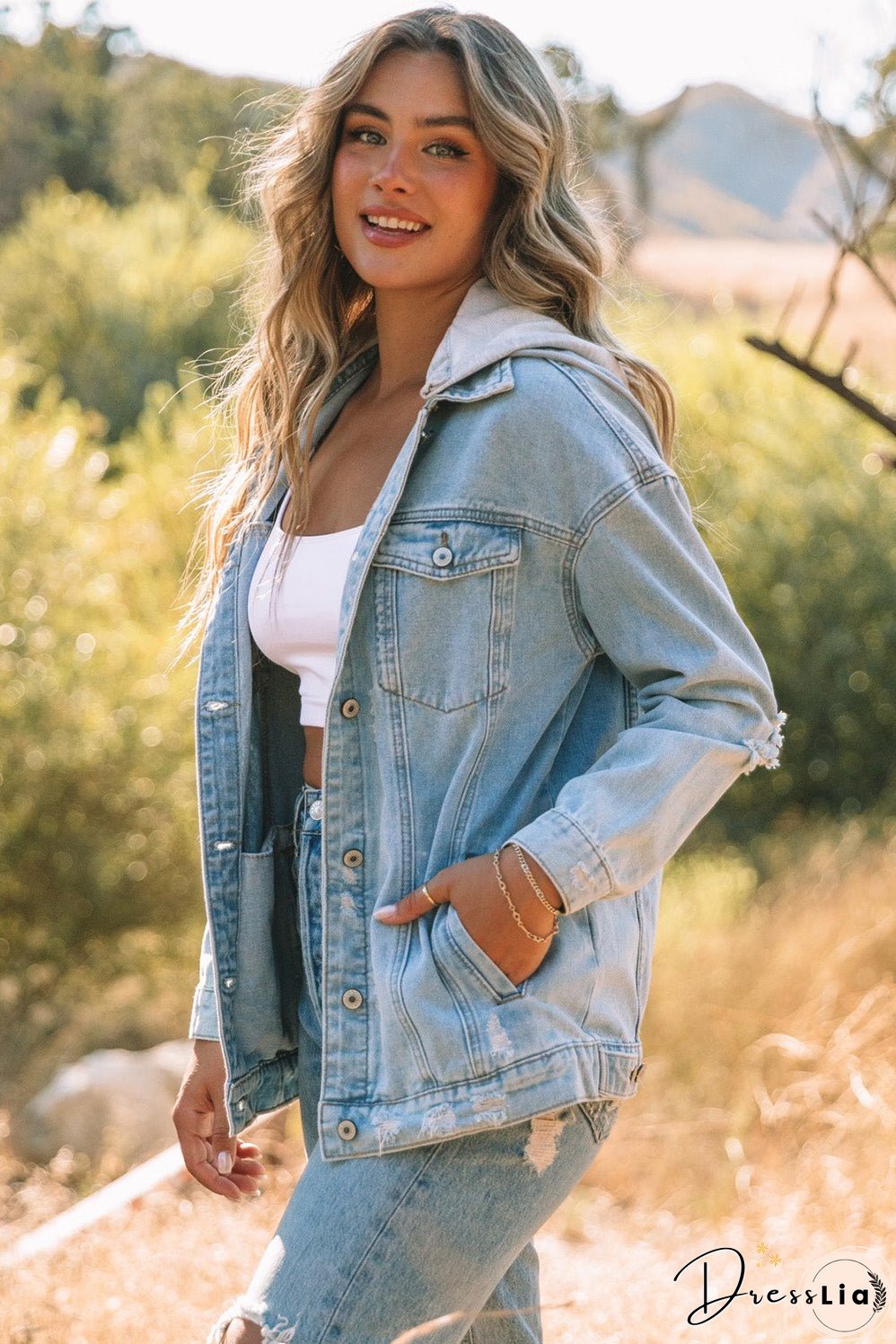 Button Closure Ripped Hooded Denim Jacket