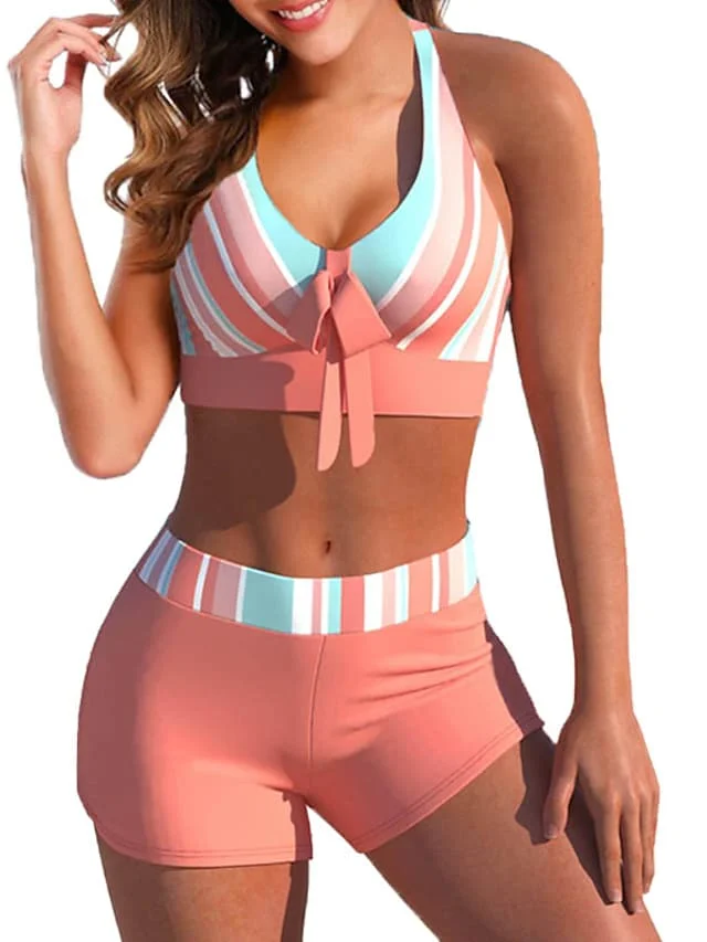 Women's Swimwear Tankini 2 Piece Normal Swimsuit Backless 2 Piece Printing Adjustable Print Multi Color Blue Rosy Pink Red Padded Strap Bathing Suits Sexy Vacation Beach Wear