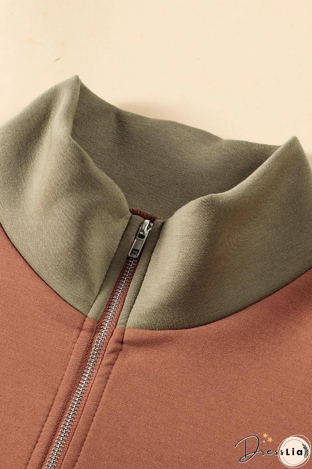 Gold Flame Plus Size Colorblock Exposed Seam Quarter Zip Sweatshirt