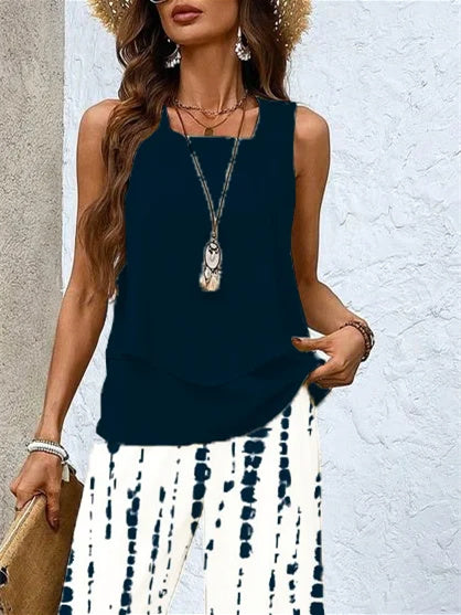 Women's Sleeveless Square Collar Striped Graphic Printed Casual Set