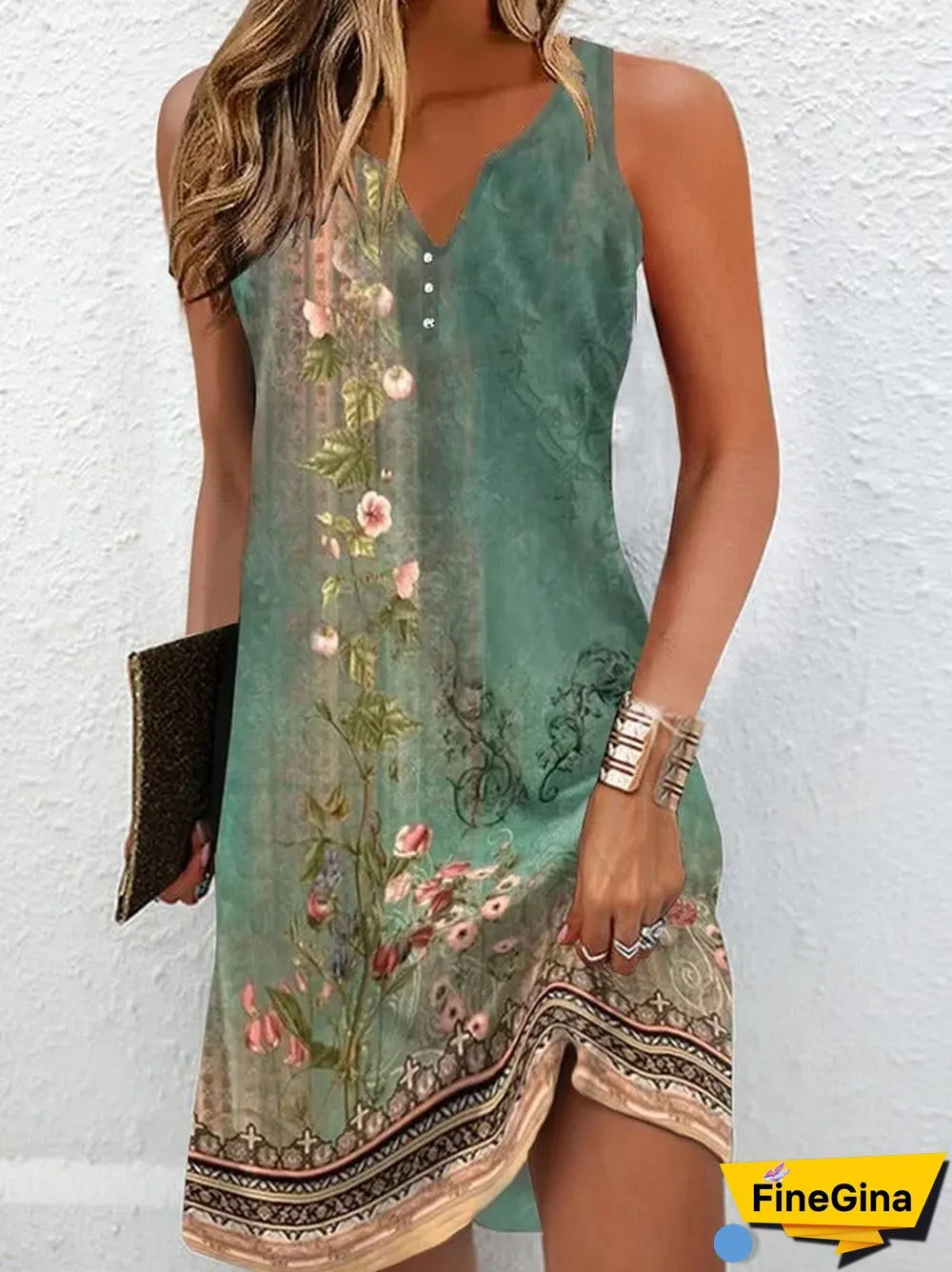 Green V-Neck Sleeveless Mini Dress