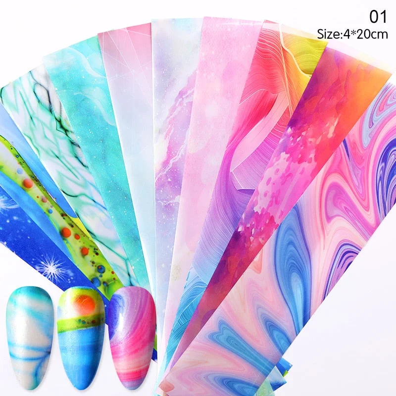 10Pcs/Bag Marble Nail Art Transfer Foil Sticker Flower French Tip Wraps Adhesive Decals Nails Decoration Manicures Accessories-Nail Inspo